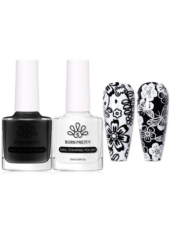 بورن بريتي طلاء أظافر Born Pretty Nail Art Stamping باللون الأبيض والأسود مع مجموعة طلاء أظافر Image Stamp من طلاء الأظافر المطبوع، زجاجتان  - Image 1