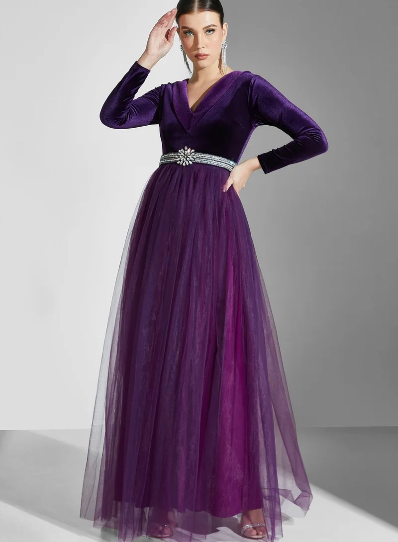 Namshi X Ali Asaad Mesh Embellished Color Block Dress
