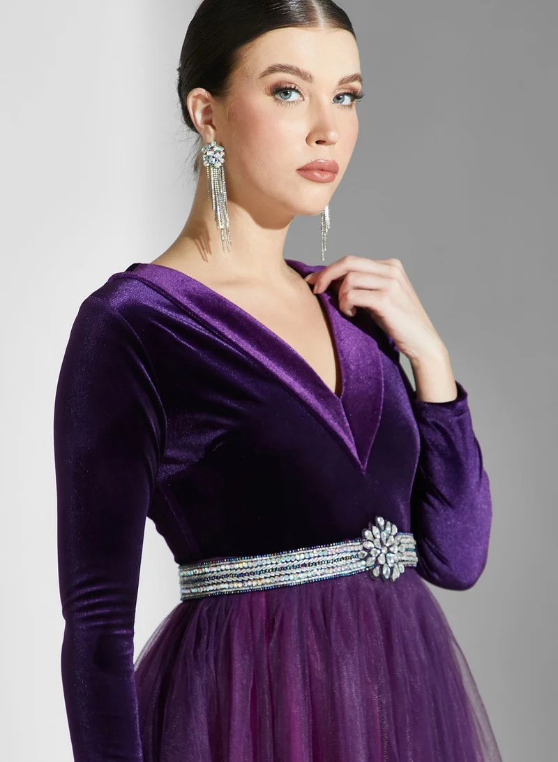 Namshi X Ali Asaad Mesh Embellished Color Block Dress
