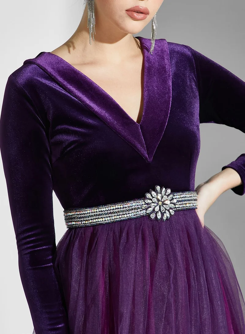 Namshi X Ali Asaad Mesh Embellished Color Block Dress