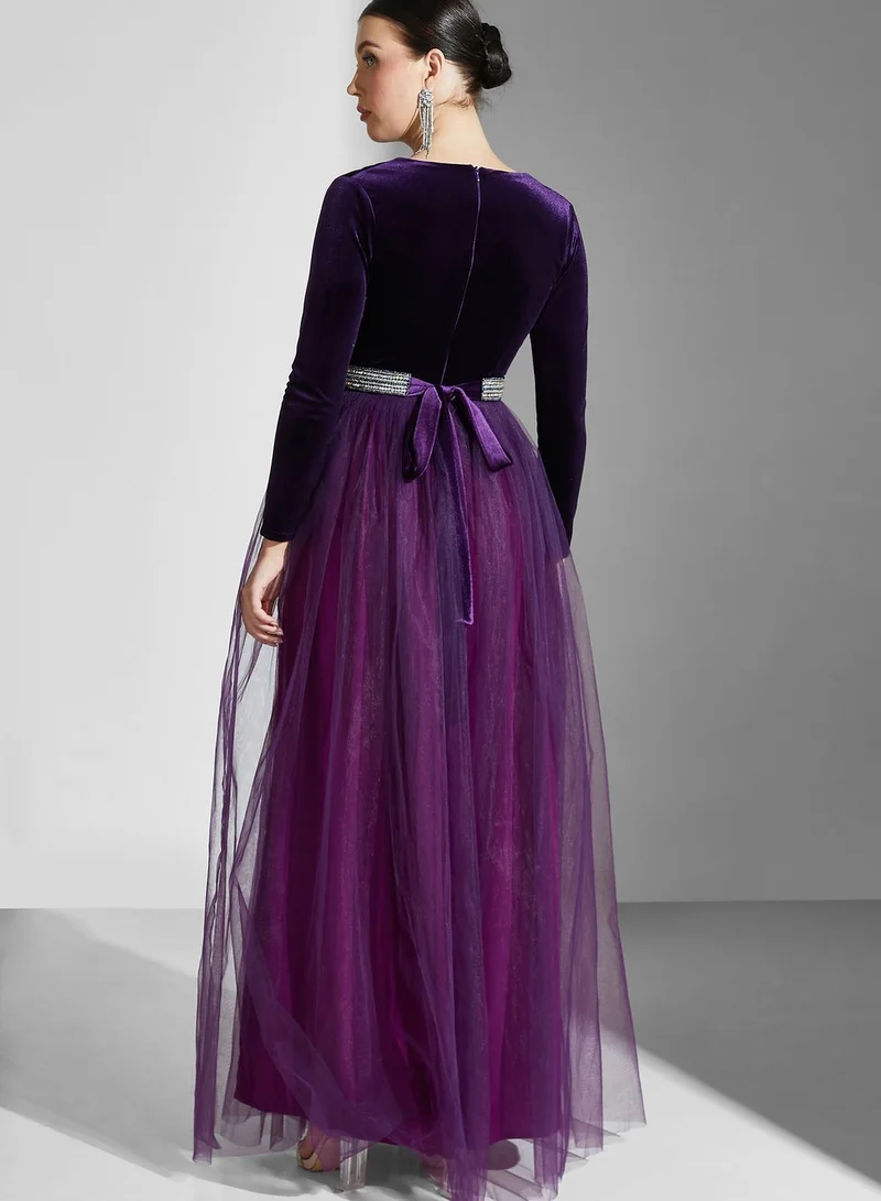 Namshi X Ali Asaad Mesh Embellished Color Block Dress