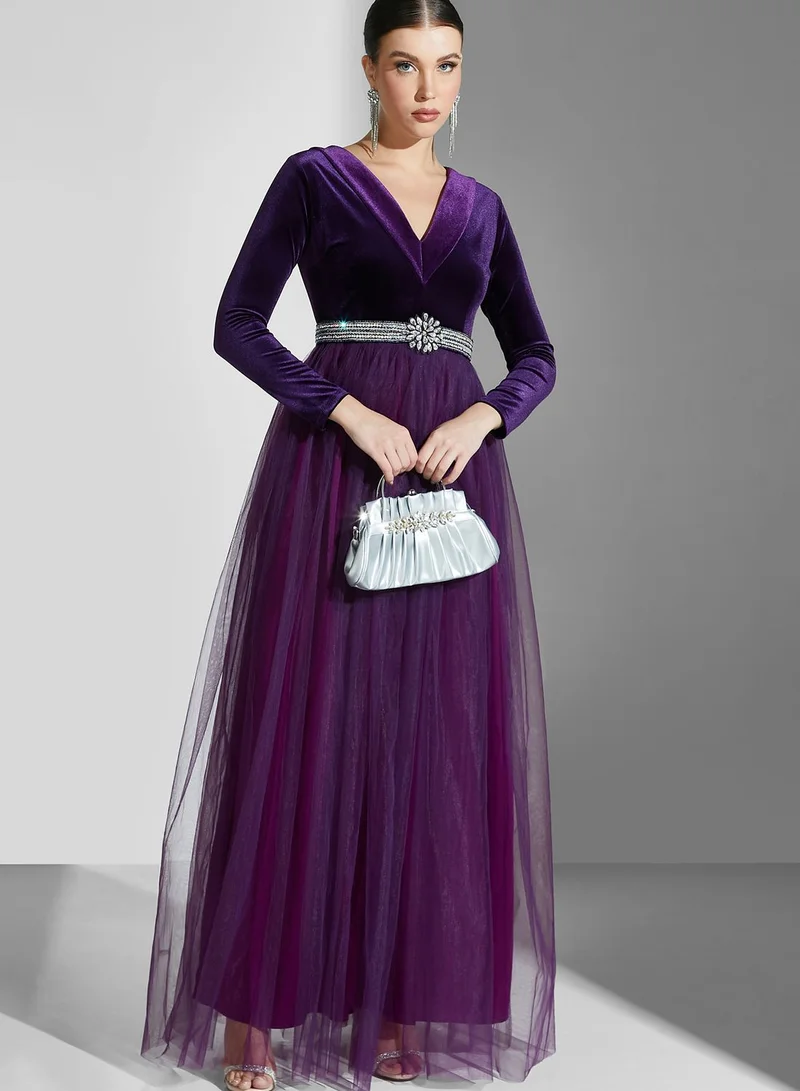 Namshi X Ali Asaad Mesh Embellished Color Block Dress