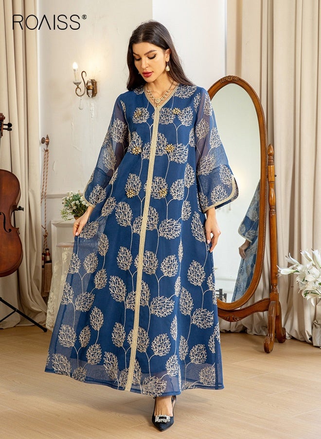 roaiss Arab Mesh Embroidery Dress for Women Tassel Leaves Pattern Handmade Beaded Robe Laides Muslim Clothing Long Skirt Fashion Elegant Cover up Dress Robe Front Open Abaya Blue - Image 2