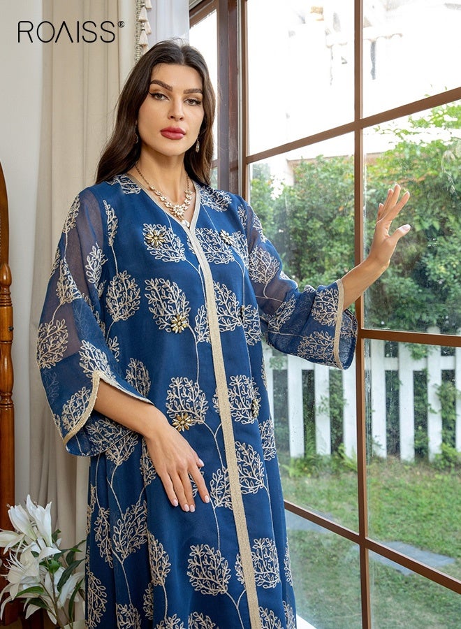roaiss Arab Mesh Embroidery Dress for Women Tassel Leaves Pattern Handmade Beaded Robe Laides Muslim Clothing Long Skirt Fashion Elegant Cover up Dress Robe Front Open Abaya Blue - Image 4