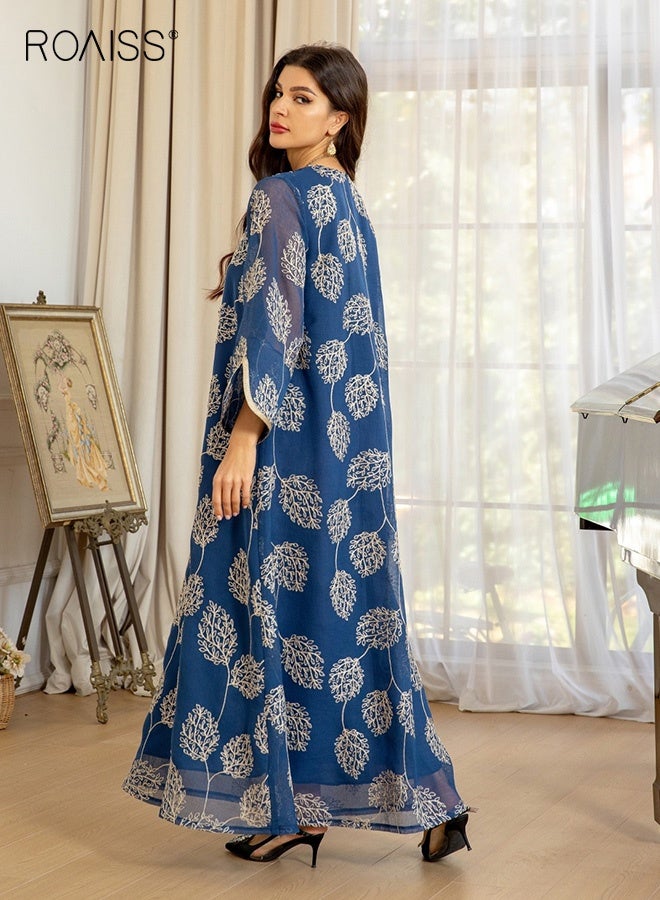 roaiss Arab Mesh Embroidery Dress for Women Tassel Leaves Pattern Handmade Beaded Robe Laides Muslim Clothing Long Skirt Fashion Elegant Cover up Dress Robe Front Open Abaya Blue - Image 3