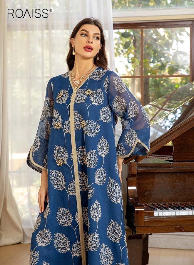 roaiss Arab Mesh Embroidery Dress for Women Tassel Leaves Pattern Handmade Beaded Robe Laides Muslim Clothing Long Skirt Fashion Elegant Cover up Dress Robe Front Open Abaya Blue - Image 5