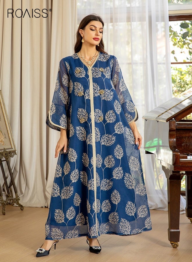 roaiss Arab Mesh Embroidery Dress for Women Tassel Leaves Pattern Handmade Beaded Robe Laides Muslim Clothing Long Skirt Fashion Elegant Cover up Dress Robe Front Open Abaya Blue - Image 1