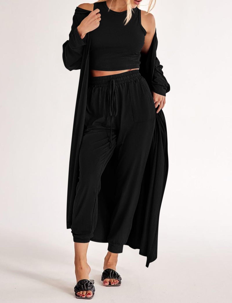 KIRUNDO 3 Piece Lounge Sets for Women Airport Travel Vacation Outfits Spring Cardigan Matching Sleeveless Top Jogger Pants(Black, Medium) - Image 3
