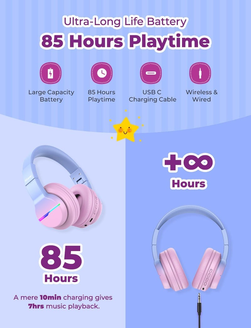 آيكليفير سماعات رأس بلوتوث للأطفال BTH12، أضواء LED ملونة، مستوى صوت آمن 74/85 ديسيبل، وقت تشغيل 85 ساعة، شحن سريع، بلوتوث 5.2، سماعات رأس لاسلكية فوق الأذن - Image 4