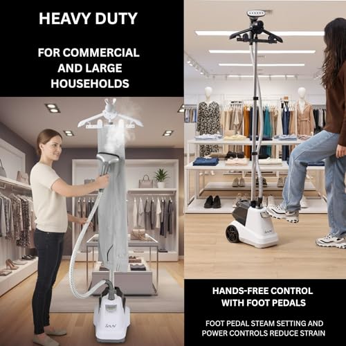 SALAV® Heavy Duty Smart Auto Shut-off Commercial Full-Size Garment Steamer, Beeping Alert when Water Runs out, Foot Pedal Control, XL 3L (101.5 oz) Tank, 1800 watts, 90+min of Continuous Steam, White - Image 4