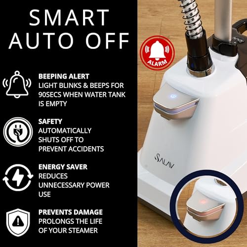 SALAV® Heavy Duty Smart Auto Shut-off Commercial Full-Size Garment Steamer, Beeping Alert when Water Runs out, Foot Pedal Control, XL 3L (101.5 oz) Tank, 1800 watts, 90+min of Continuous Steam, White - Image 3