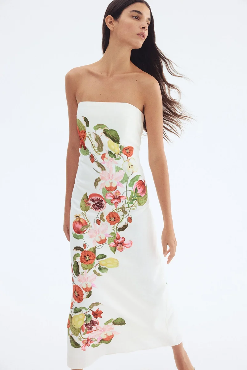 اتش اند ام فستان مزيّن بطبعة من مزيج الكتان