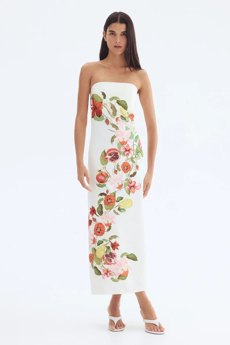 اتش اند ام فستان مزيّن بطبعة من مزيج الكتان