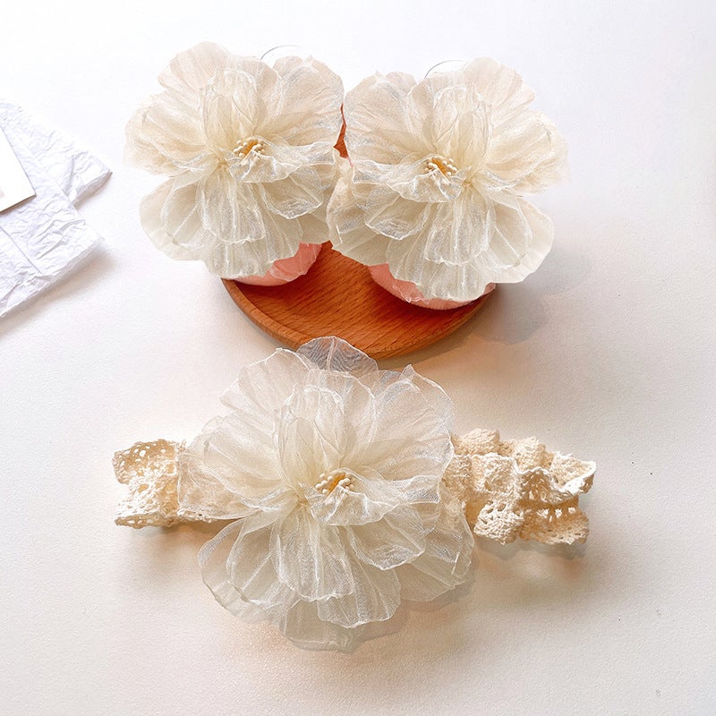 Generic Cute Newborn Socks and Headband Set Cartoon Korean Style Baby Accessories Off-white chiffon flowers 