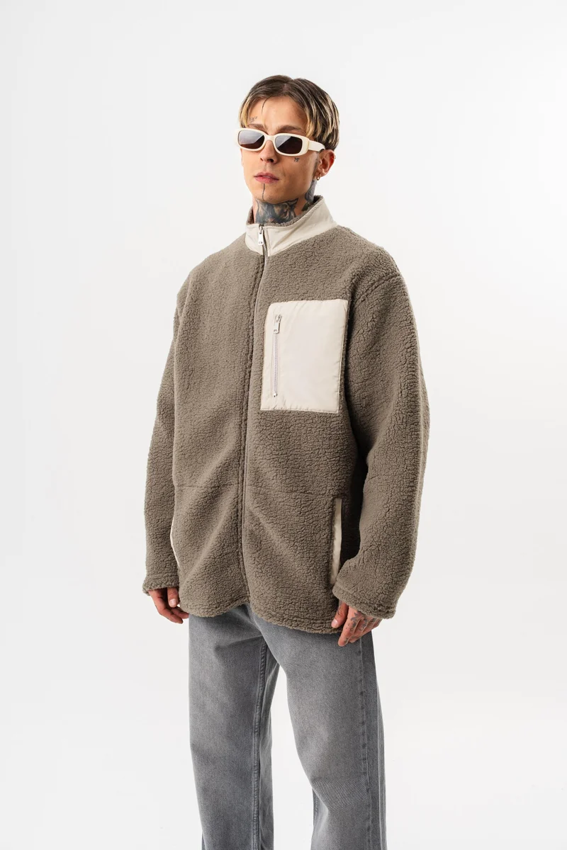 RESPIRE Men's Zip Oversize Teddy Jacket Dark Green