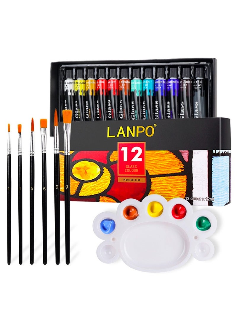 Lanpo مجموعة طلاء أكريليك زجاجية مكونة من 12 لونًا (12 مل/0.4 أونصة)، مجموعة طلاء مينا أكريليك مقاومة للماء مع 6 فرش ولوحة ألوان واحدة، طلاء زخرفي إبداعي زجاجي يدوي الصنع لإنشاء فنون شفافة على البورسلين والنوافذ والسيراميك - Image 1