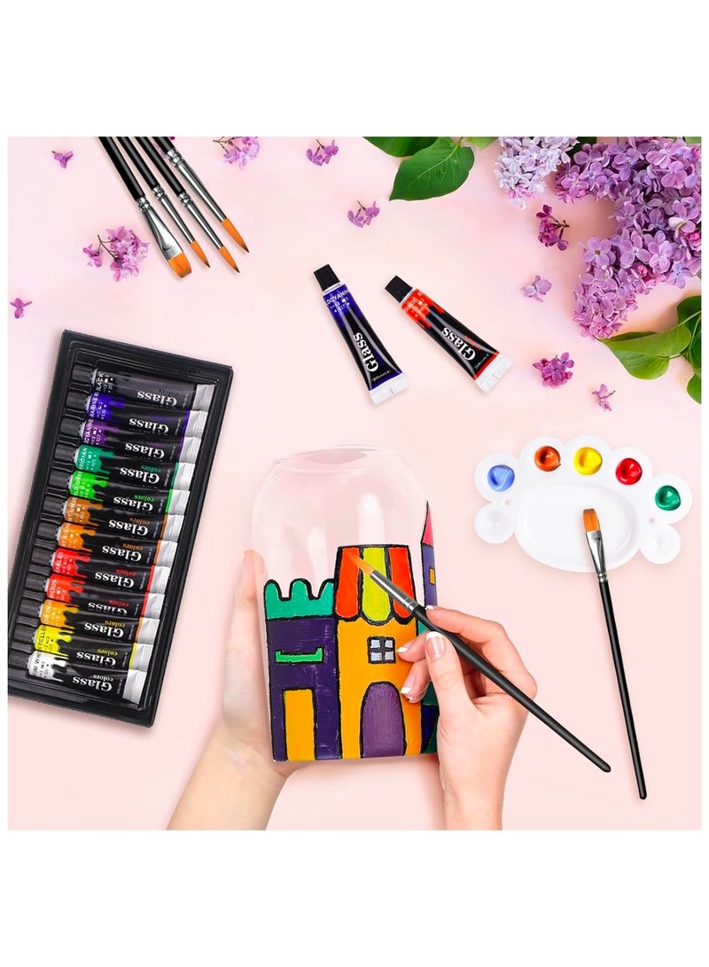 Lanpo مجموعة طلاء أكريليك زجاجية مكونة من 12 لونًا (12 مل/0.4 أونصة)، مجموعة طلاء مينا أكريليك مقاومة للماء مع 6 فرش ولوحة ألوان واحدة، طلاء زخرفي إبداعي زجاجي يدوي الصنع لإنشاء فنون شفافة على البورسلين والنوافذ والسيراميك - Image 5