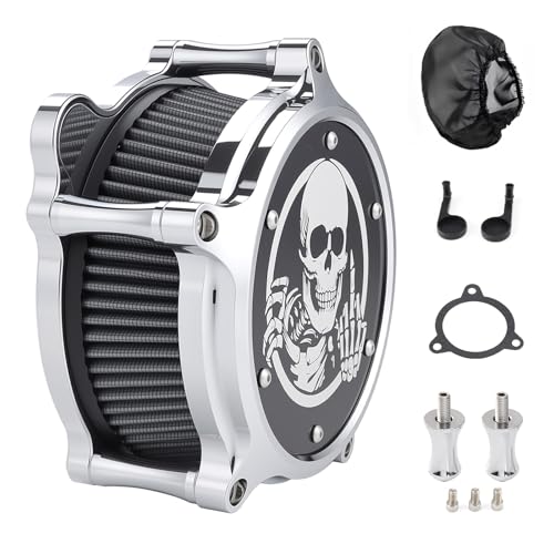 Aferrizu Motorcycle Air Cleaner Skull Style Air Filter with Dustproof Protective Cover Kit for Harley Davidson Touring Trike 2008-16 Softail 2016-17 Dyna 2017 (Chrome) - Image 1