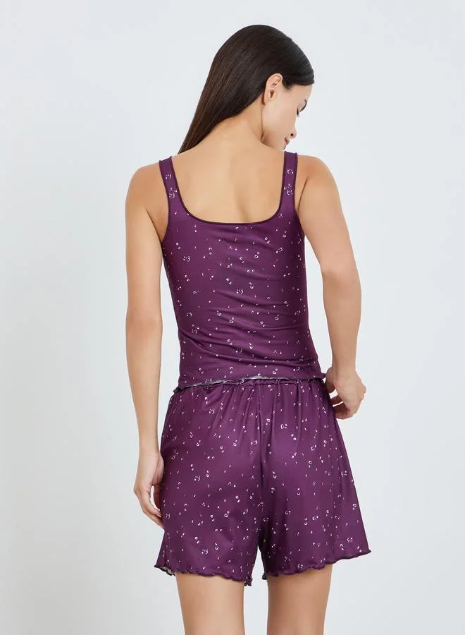 Styli purple Ditsy Floral Lettuce Hem Square Neck Tank and Shorts Set for Women | Best Price UAE