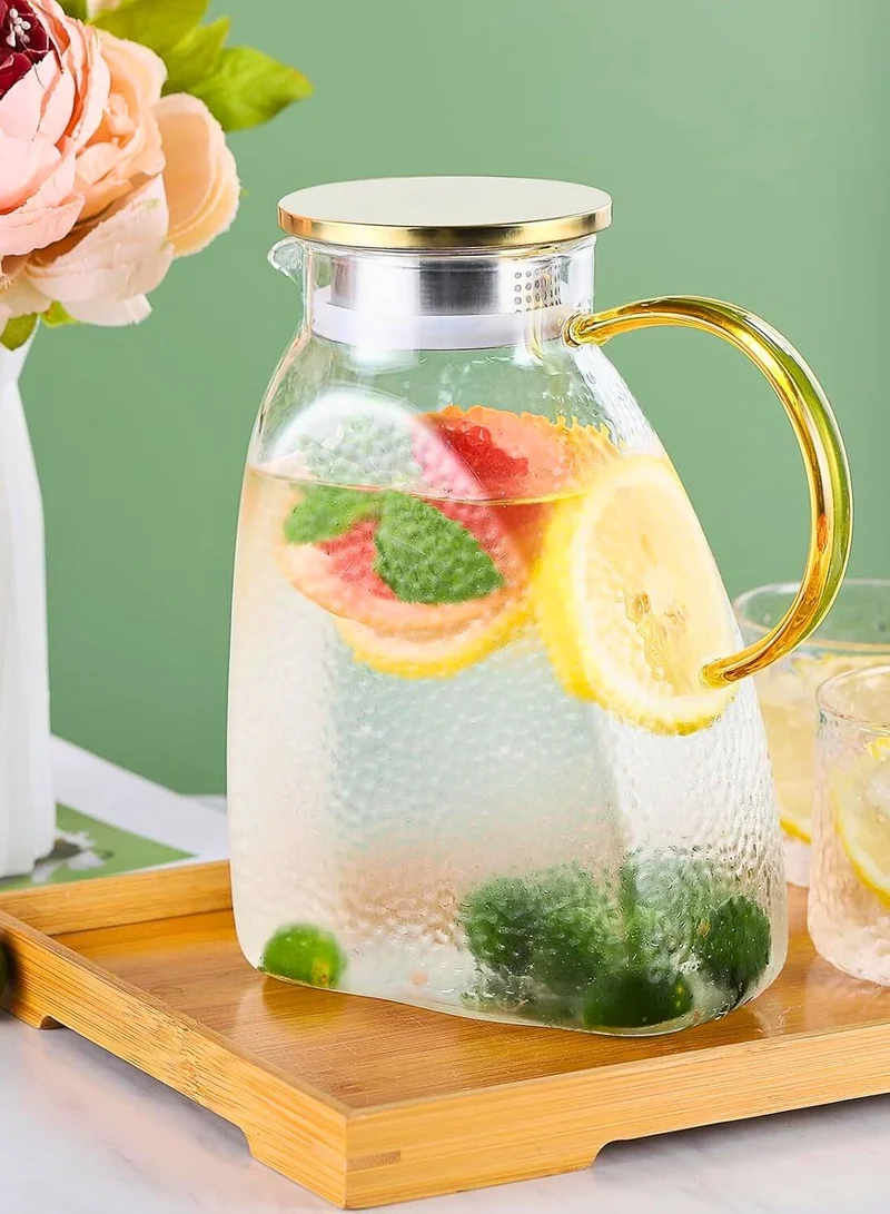 1Chase Hammered Borosilicate Glass Water Pitcher – 1800ML Fridge Door Jug with Gold Handle &amp; Stainless Steel Lid for Water, Juice, Tea, Iced Beverages