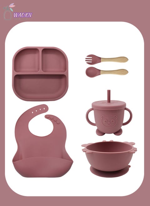 6Pcs Baby Silicone Tableware Set Special For Infants To Eat Their Own Training Tableware Set Including Complementary Food Bowl Sippy Cup Dinner Plate Bib Fork And Spoon(Brick red)