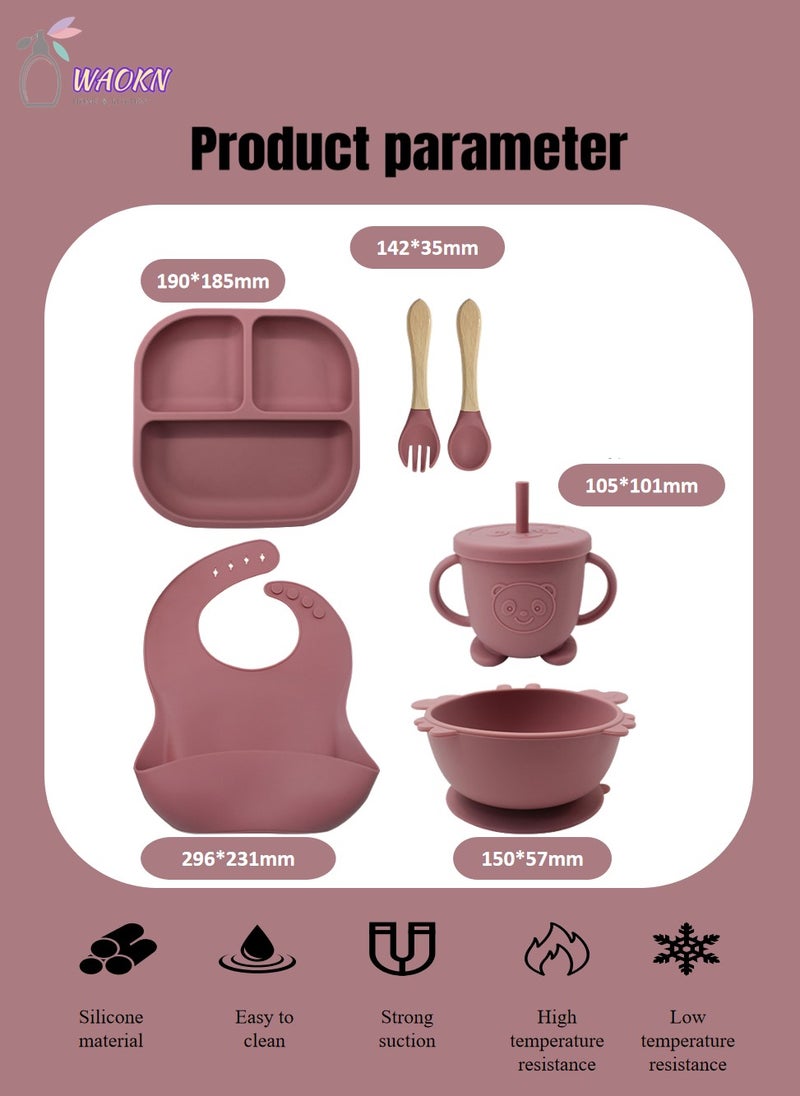 WAOKN - 6Pcs Baby Silicone Tableware Set Special For Infants To Eat Their Own Training Tableware Set Including Complementary Food Bowl Sippy Cup Dinner Plate Bib Fork And Spoon(Brick red) - Image 1