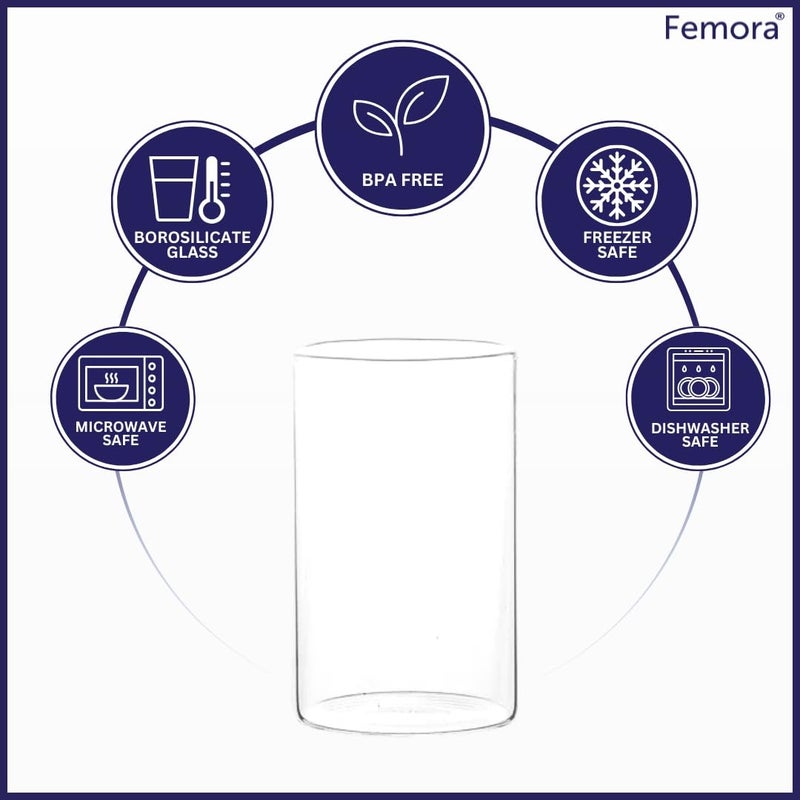 Femora Borosilcate Glass Set of 6 pcs Transparent Drinking Glass, Tumblers for Water, Cold Drinks, Juice Glass, Microwave & Dishwasher Safe | for Daily use & Gifting Capacity- 350ml (BPA Free) - Image 4
