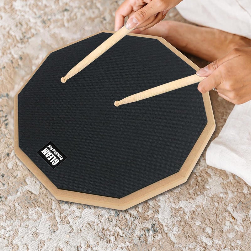 GLEAM 12 inch Drum Practice Pad with Carrying Bag and 2 Pairs Drum Sticks - Rubber Surface High Density Compressed Wood Foam Backside Black (Double-sided) - Image 4