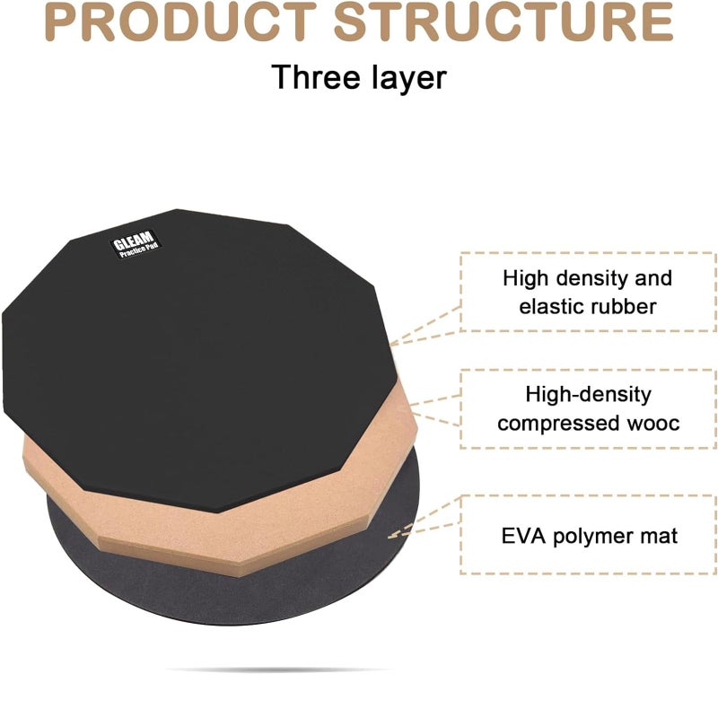 GLEAM 12 inch Drum Practice Pad with Carrying Bag and 2 Pairs Drum Sticks - Rubber Surface High Density Compressed Wood Foam Backside Black (Double-sided) - Image 5