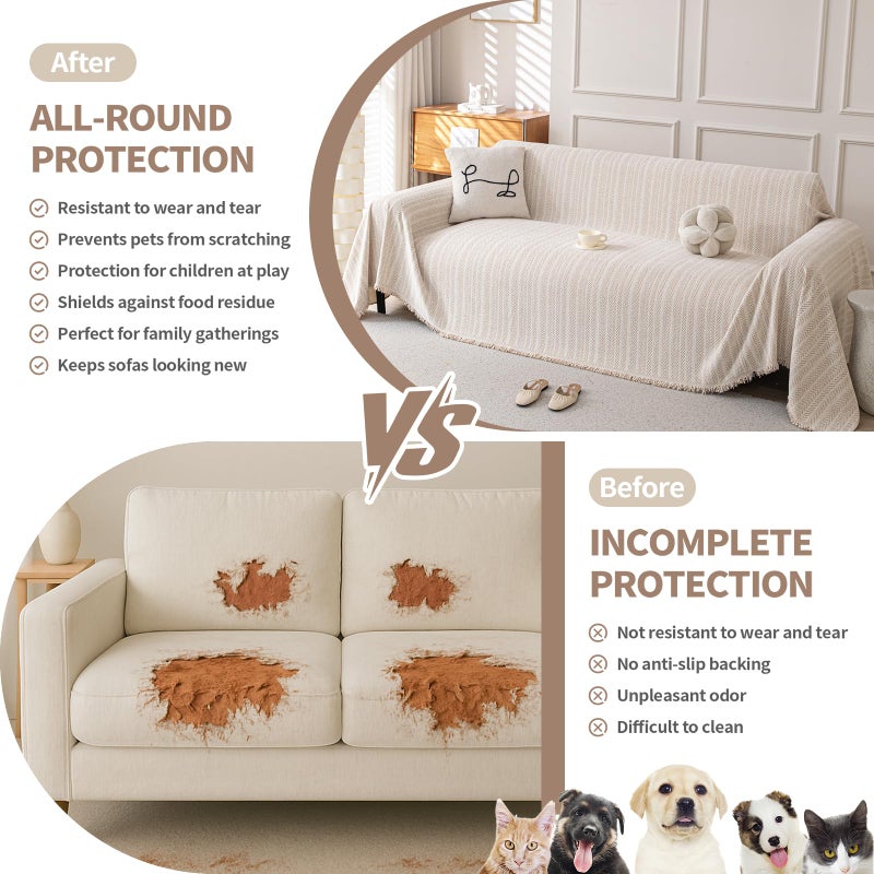 KaviKon Boho Chenille Couch Cover for Dogs, Non Slip Sofa Cover, Couch Slipcover Covers for 3 Cushion, Furniture Protector with Tassels for Pets Washable, 71"x118", Fishbone Beige - Image 4