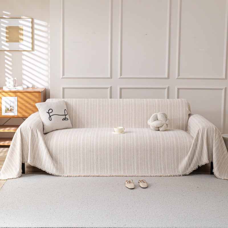 KaviKon Boho Chenille Couch Cover for Dogs, Non Slip Sofa Cover, Couch Slipcover Covers for 3 Cushion, Furniture Protector with Tassels for Pets Washable, 71"x118", Fishbone Beige - Image 1