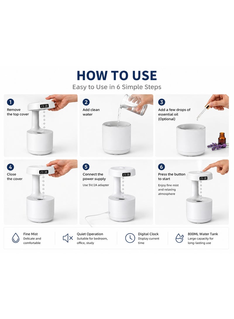 800Ml Anti Gravity Aroma Diffuser & Air Humidifier With Digital Clock Display, Reverse Water Drop Effect, Fine Mist Spray - Image 3