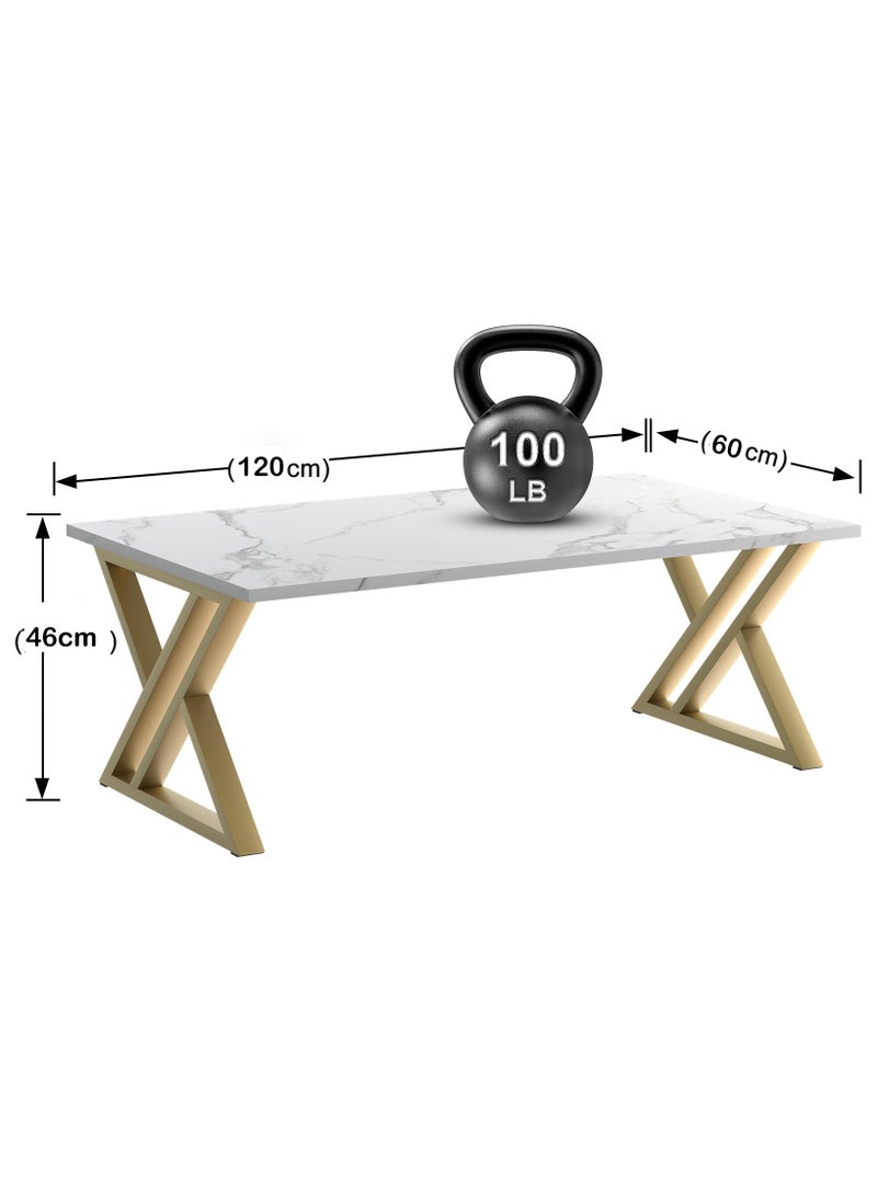 XiuWoo Coffee Table Living Room Table White Center Table, Simple Modern Faux Marble Rectangular Tea Table with Sturdy Gold-Finish Metal Frame, for Bedroom Home Office 120*60*46cm - Image 3