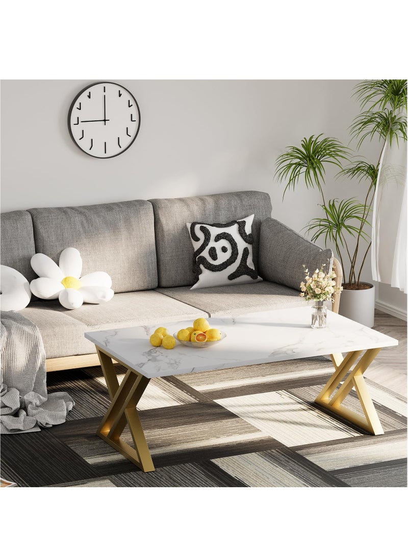 XiuWoo Coffee Table Living Room Table White Center Table, Simple Modern Faux Marble Rectangular Tea Table with Sturdy Gold-Finish Metal Frame, for Bedroom Home Office 120*60*46cm - Image 4