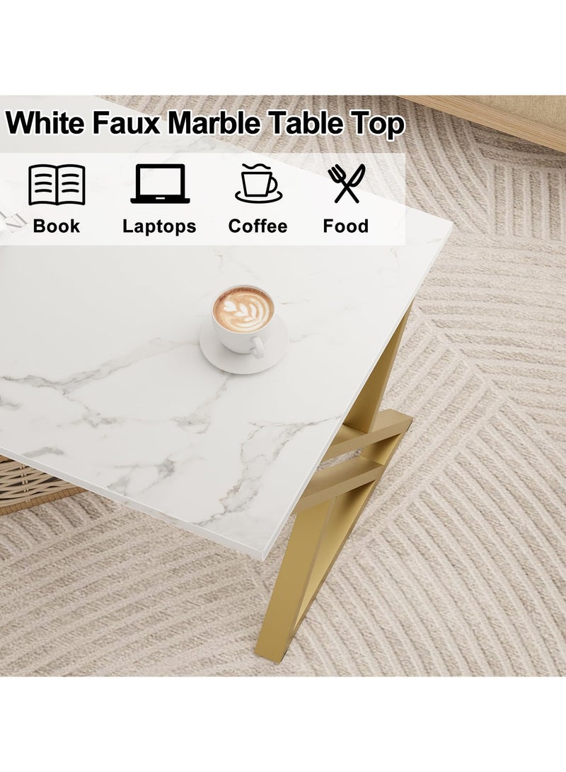 XiuWoo Coffee Table Living Room Table White Center Table, Simple Modern Faux Marble Rectangular Tea Table with Sturdy Gold-Finish Metal Frame, for Bedroom Home Office 120*60*46cm - Image 5