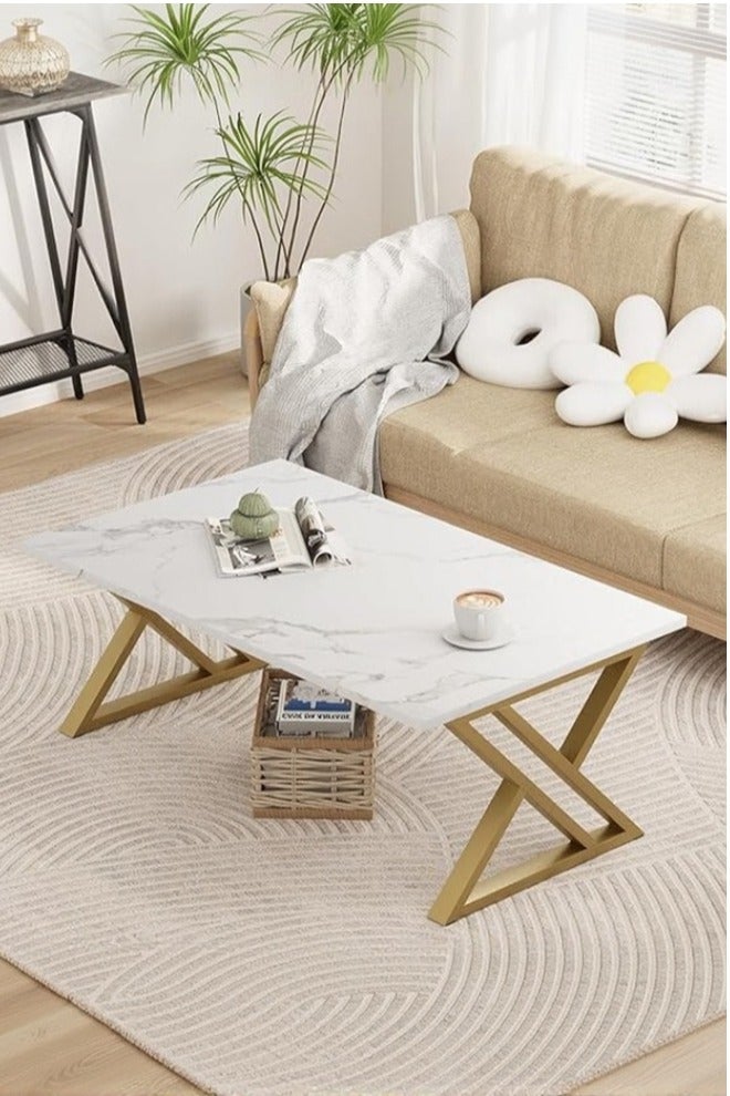 XiuWoo Coffee Table Living Room Table White Center Table, Simple Modern Faux Marble Rectangular Tea Table with Sturdy Gold-Finish Metal Frame, for Bedroom Home Office 120*60*46cm - Image 1