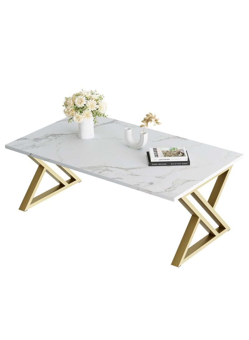 XiuWoo Coffee Table Living Room Table White Center Table, Simple Modern Faux Marble Rectangular Tea Table with Sturdy Gold-Finish Metal Frame, for Bedroom Home Office 120*60*46cm - Image 2