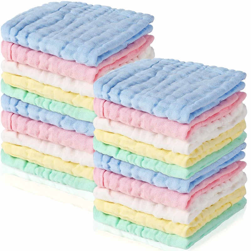 Breling 20 Pcs Baby Muslin Washcloth 12 x 12 Inch 100 Cotton Soft and Absorbent Muslin Washcloth Burp Cloth Wipe Newborn Face Towel for Baby Boy Girl Sensitive SkinBlue White Green Yellow Pink