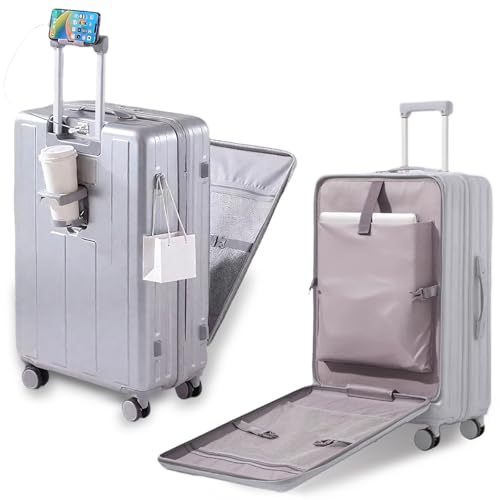 Gets Carry on Luggage Airline Approved,20 Inch Abs+Pc Hardshell Spinner Luggage With Cup Phone Holder and USB Charger,Front Pocket Durable Suitcase for Women Men-Silver - Image 1