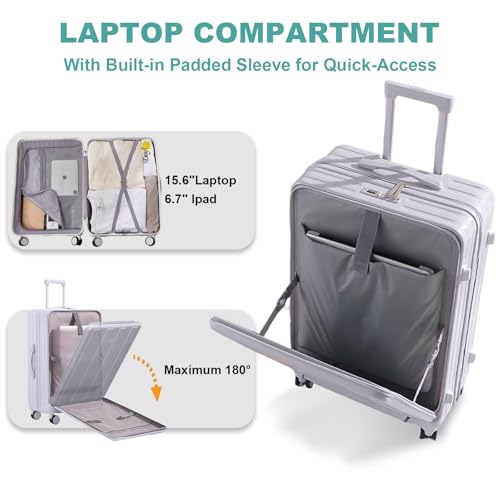 Gets Carry on Luggage Airline Approved,20 Inch Abs+Pc Hardshell Spinner Luggage With Cup Phone Holder and USB Charger,Front Pocket Durable Suitcase for Women Men-Silver - Image 3