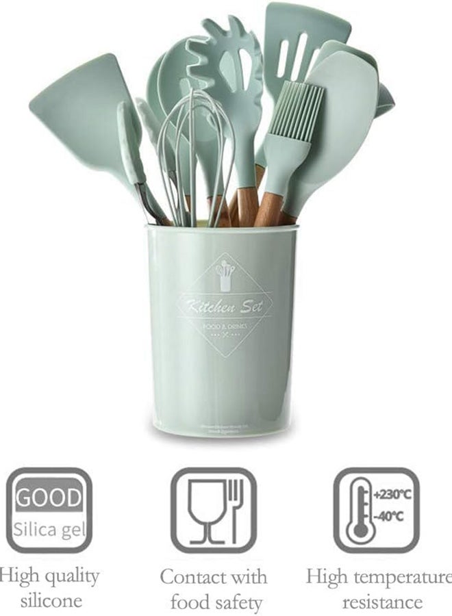 Home Silicone Cooking Kitchen 12PCS Wooden Utensils Tool for Nonstick Cookware, Set with Bamboo Wood Handles Cookware Non-Toxic Turner Tongs Spatula Spoon Green BD-AMZ-14 - Image 3