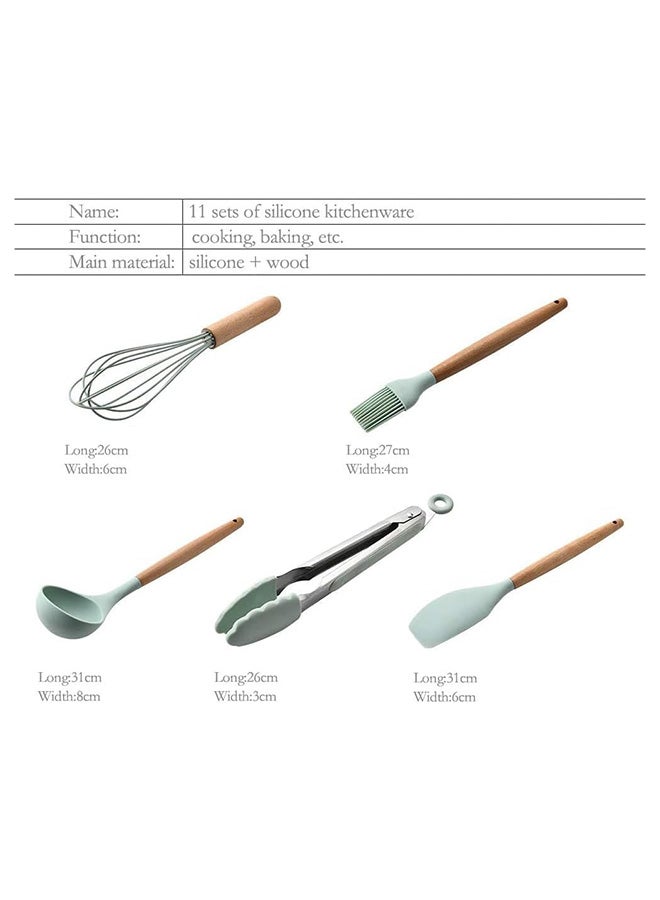 Home Silicone Cooking Kitchen 12PCS Wooden Utensils Tool for Nonstick Cookware, Set with Bamboo Wood Handles Cookware Non-Toxic Turner Tongs Spatula Spoon Green BD-AMZ-14 - Image 5
