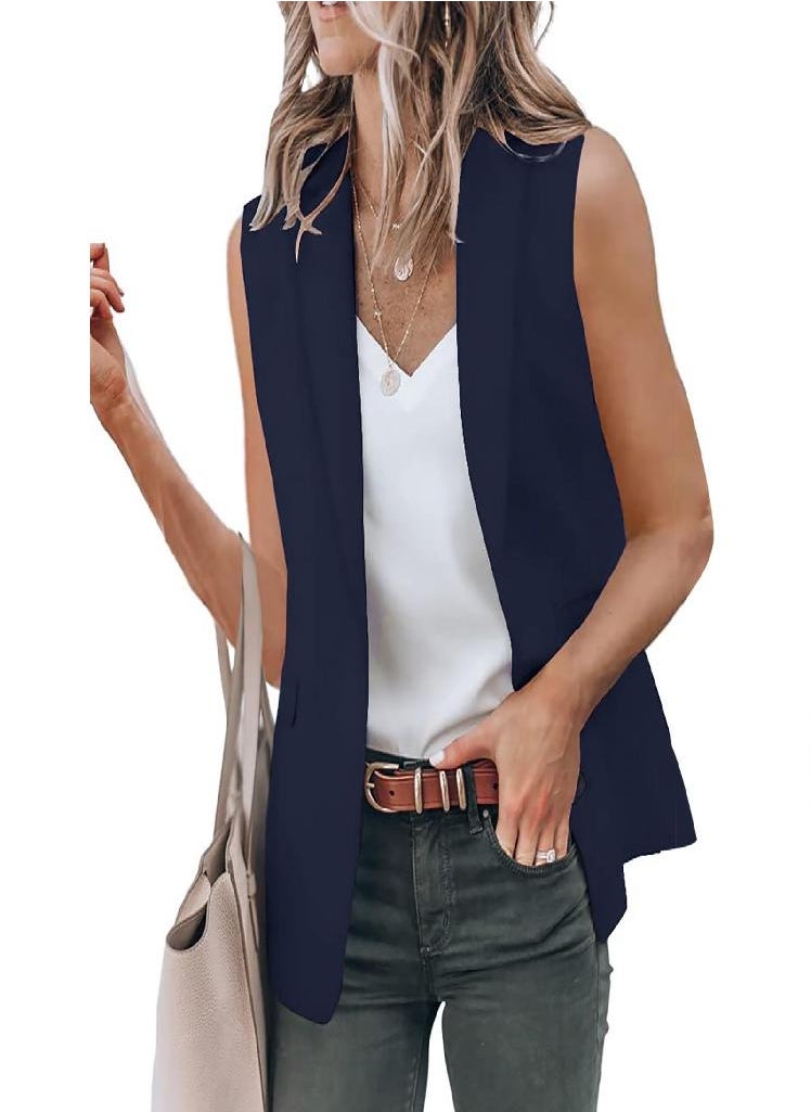 Eckek - Women's Solid Color Open Front Pocket Cardigan Formal Suit Sleeveless Shirt Jacket - Image 1