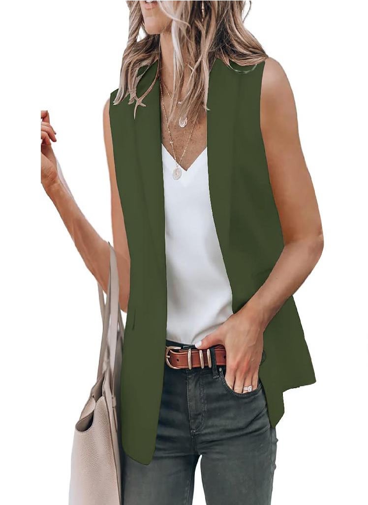 Eckek - Women's Solid Color Open Front Pocket Cardigan Formal Suit Sleeveless Shirt Jacket - Image 1