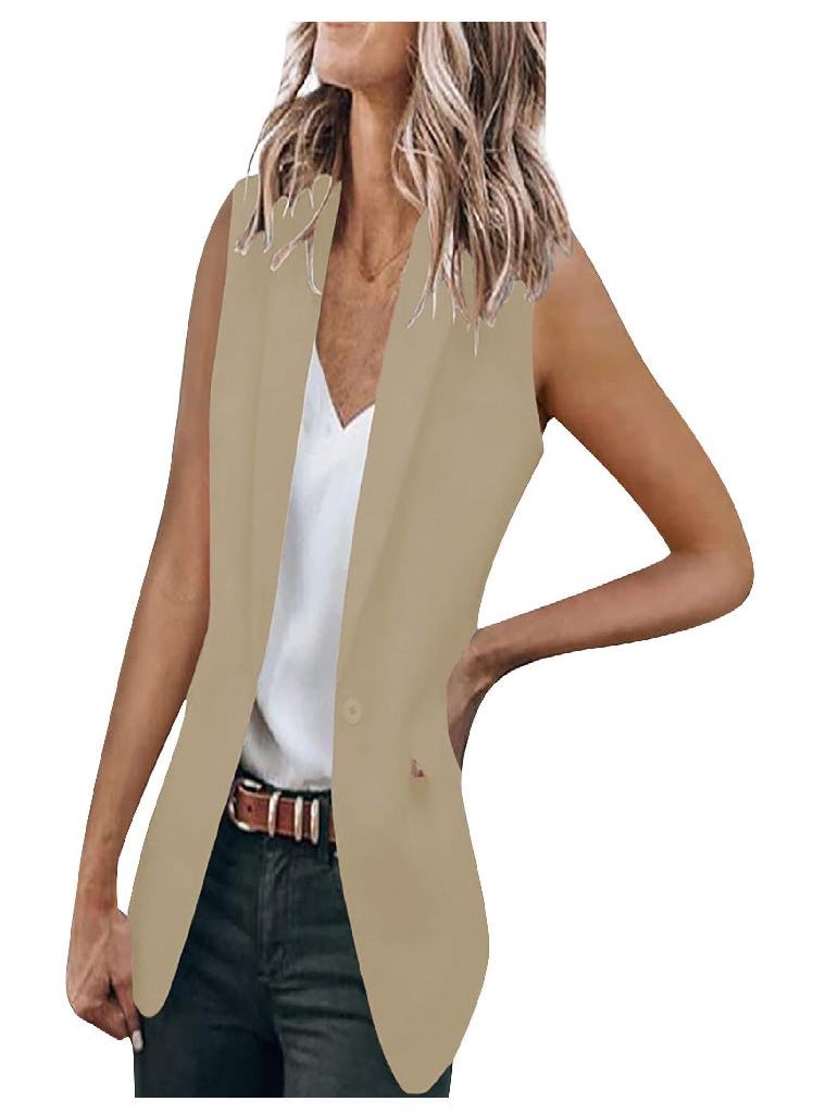 Eckek - Women's Solid Color Open Front Pocket Cardigan Formal Suit Sleeveless Shirt Jacket - Image 1
