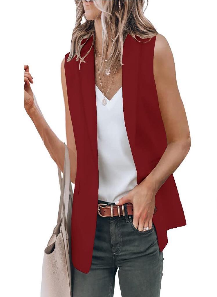 Eckek - Women's Solid Color Open Front Pocket Cardigan Formal Suit Sleeveless Shirt Jacket - Image 1