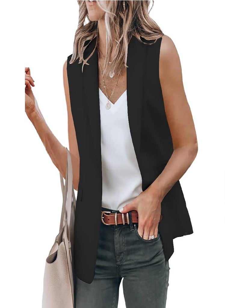 Eckek - Women's Solid Color Open Front Pocket Cardigan Formal Suit Sleeveless Shirt Jacket - Image 1