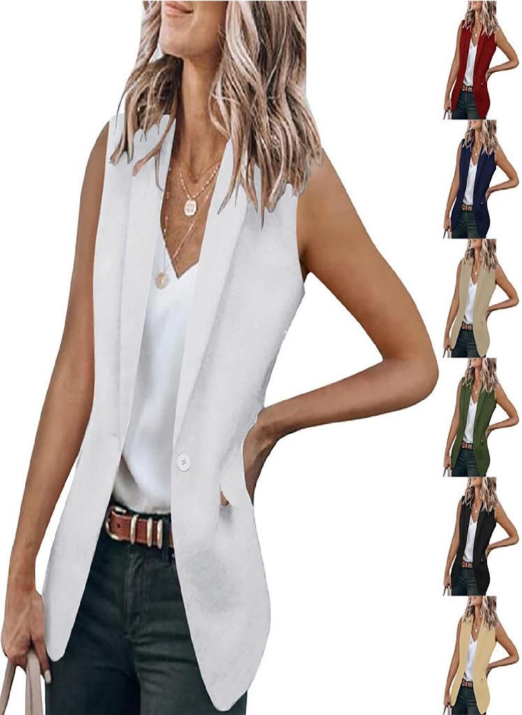 Eckek - Women's Solid Color Open Front Pocket Cardigan Formal Suit Sleeveless Shirt Jacket - Image 1