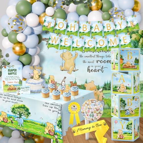 Vistico 154 PCS Blue Winnie Baby Shower Decorations Kit Vintage Winnie Party Supplies Decorations Allin1Balloon Garland Arch Backdrop Tablecloth Cake Topper Banner Box Decorations for Boy Baby Shower - Image 1