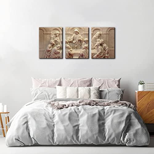 Pacimo 3 Pieces Canvas Wall Art Picture The Last Supper Sculpture Style Paintings on Canvas 12 Apostles Modern Artwork for Home Decor Framed Gallery-wrapped Stretched Ready to Hang - 12" x 16" x 3 - Image 3